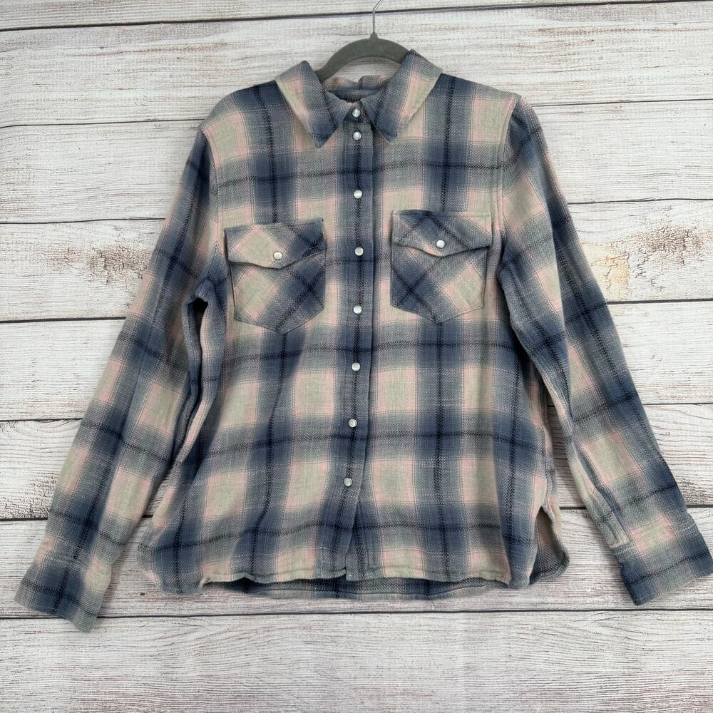 Madewell Flannel Pearl Snap Front Shirt Womens 10 Blue Pink Gray 2‎ Pocket
